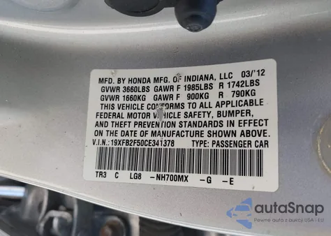 2012 Honda Civic Lx из США, поврежденный, VIN 19XFB2F50CE341378